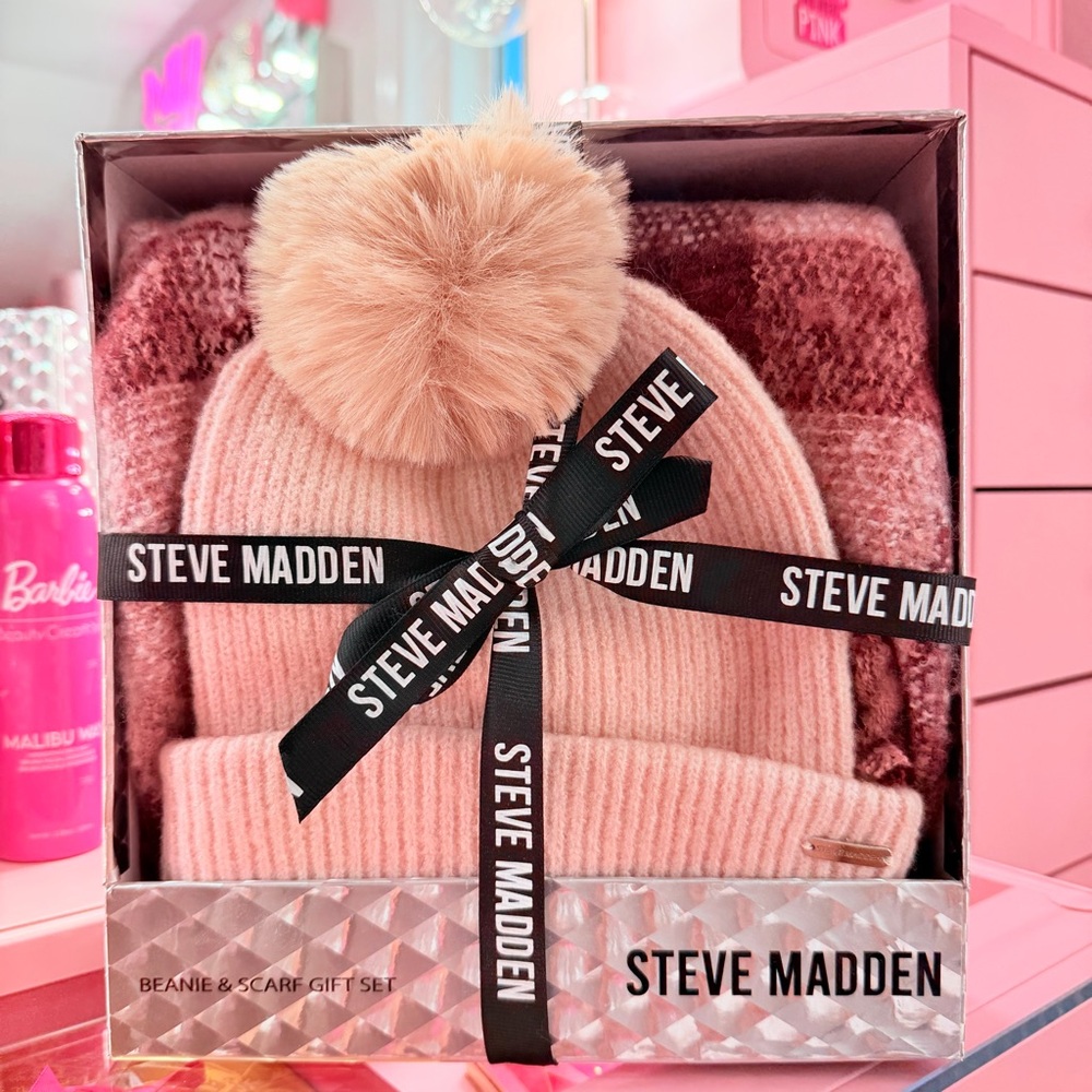 Steve Madden Blush Pink Beanie & Cozy Warm Scarf Set Winter Accessories